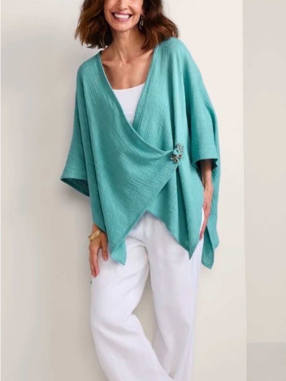 Soft Surroundings Aqua/Turquoise Wrap Poncho with Decorative Pin